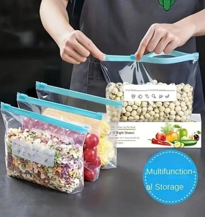 15pcs Leakproof Freezer Bags with Zipper Lock - Reusable, Food Sorting Storage Pouches, Freshness Seal Bags for Fruits, Grains, Vegetables & Meat, Kitchen Organization Essentials, PET Material, Square Shape, Food Preservation Bags Transparent Design
